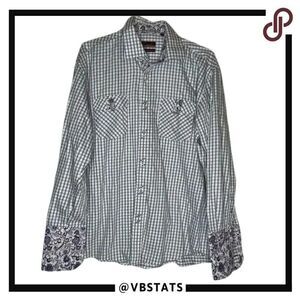 Carreli Navy-Gray-White and Purple Long Sleeve Plaid Dress Shirt in Size XL